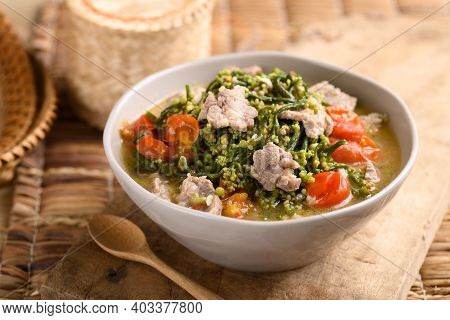 Northern Thai Food (kaeng Puk Plung), Ceylon Spinach Or Malabar Spinach Soup With Pork In A Bowl