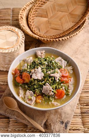 Northern Thai Food (kaeng Puk Plung), Ceylon Spinach Or Malabar Spinach Soup With Pork In A Bowl
