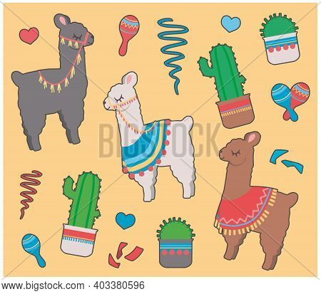 Cute Colorful Cartoon Style Llamas Or Alpacas With Poncho With Cactus And Mexican Rumba Shaker Illus