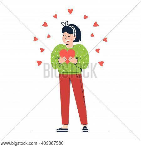 Young Girl Holds A Heart In Her Hands And Laughs. Concept Of Happy Valentines Day. Holiday Illustrat