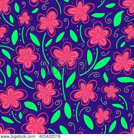 Seamless Pattern With Pink Flowers On A Blue Background. Pink Wildflowers. Vector Illustration In Do