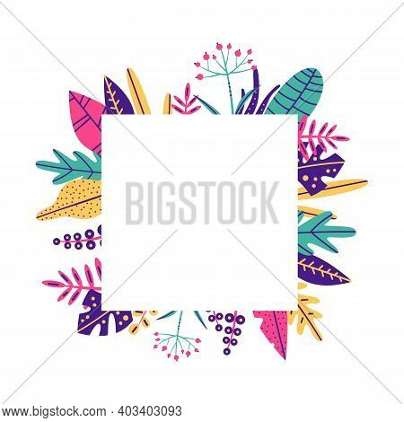 Tropical Bright Leaves On White Background. Trendy Color: Green, Pink, Yellow, Blue. Vector Stock Is
