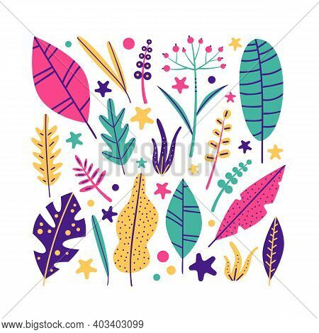 Tropical Bright Leaves On White Background. Trendy Color: Green, Pink, Yellow, Blue. Vector Stock Is