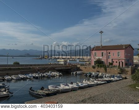 Arbatax, Sardinia, Italy, September 9, 2020: View Of Arbatax Harbour, Port With Ships, Fishing Boats