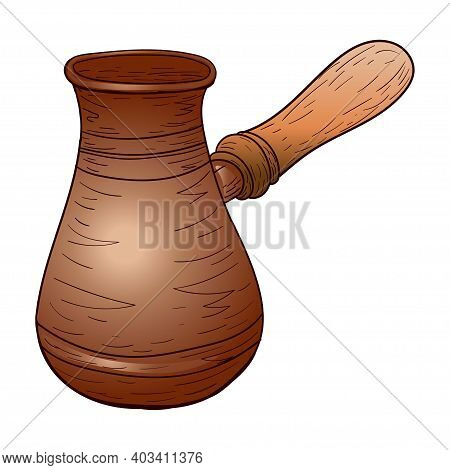 Coffee Maker, Cezva, With Wood Handle Copper Color Stock Vector Illustration For Design And Decor, S