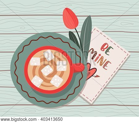 Cup Of Coffee With Love Card And Tulip On Wooden Table. Valentine's Day Vector Flatlay. Romantic Obj