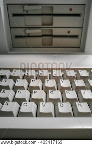 Antique Computer Keyboard And 5 Inch Disk Drives