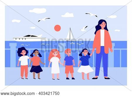 Diverse Group Of Kids And Teacher Walking On Promenade At Sea. Schoolchildren, Childhood, Seaside. F