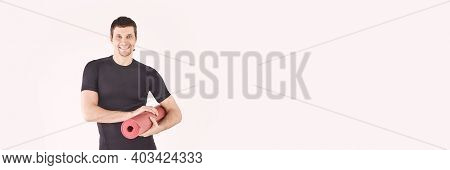 Male Person With Yoga Mat. Class Exercise. Meditation In Calm. Advansed Or Basic Studio Workout. Man