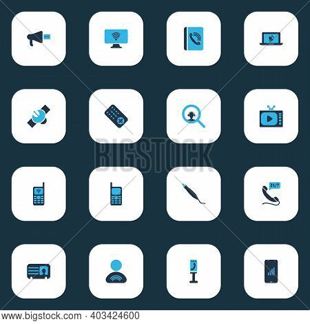 Connection Icons Colored Set With Male Card, Search Dispatcher, Satellite And Other Support Elements