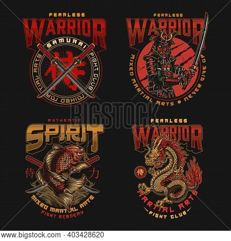 Colorful Japanese Fight Academy Vintage Labels With Inscriptions Katanas Koi Carp Fantasy Dragon Sam