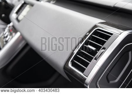 Ac Ventilation Deck In Luxury Modern Car Interior. Modern Car Black Leather Interior With Stitching.