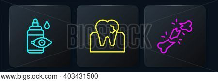 Set Line Eye Drop Bottle, Human Broken Bone And Tooth With Caries. Black Square Button. Vector