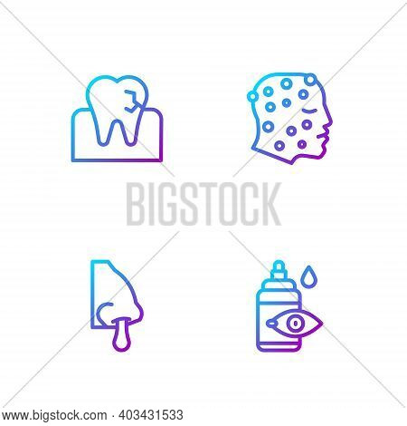 Set Line Eye Drop Bottle, Runny Nose, Tooth With Caries And Psoriasis Or Eczema Rash. Gradient Color
