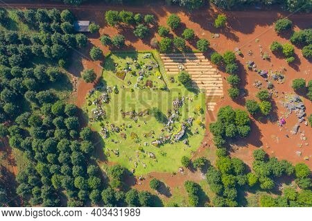 Aerial Top View Of Garden Park Range Of Plants, Trees, Rocks, Red Soil And Nature Green Environmenta