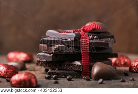 Chocolate With Ribbon, Rose  And Heart On St. Valentine's Day Love. Chocolate Candy. Valentines Day
