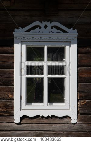 Traditional Lithuanian House Detail - Window With Traditional Ornaments. Zalgiris Village, Lithuania