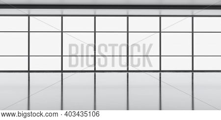 Bright View Of Office Window Front With Sky And Refelections On Glossy Stone Floor 3d Render Illustr