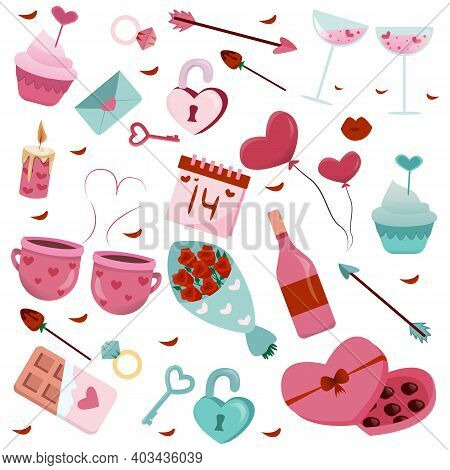 Set Of Valentines Day Elements. Cute And Pink Elements Isolated On White. Design Set For Valentine's