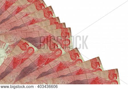 50 Philippine Piso Bills Lies Isolated On White Background With Copy Space Stacked In Fan Close Up. 