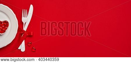 Valentines Day Background Or Concept With Empty White Plate, Small Heart-shaped Plate With Small Hea