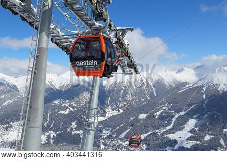 Bad Gastein, Austria - March 9, 2016: People Ride Gondolas Of Cable Car In Bad Gastein. It Is Part O
