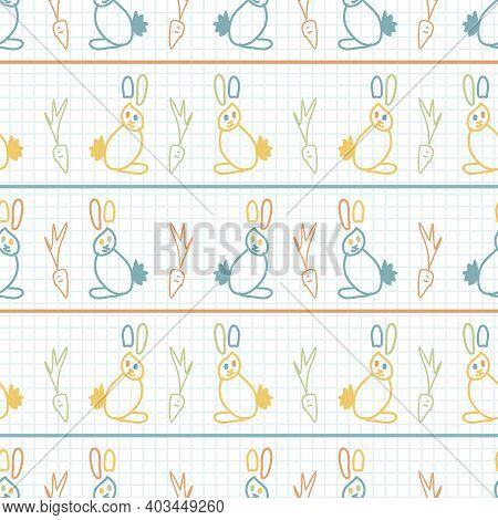 Cute Rainbow Scribble Easter Rabbit Doodle Background. Hand Drawn Whimsical Motif Seamless Pattern. 