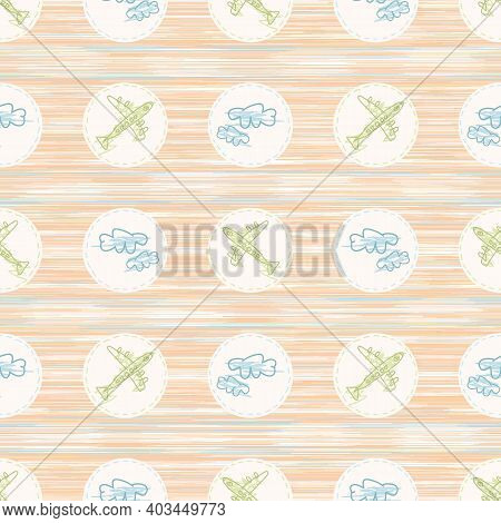 Cute Crayon Plane And Cloud Scribble Kid Doodle Background. Hand Drawn Earthy Whimsical Motif Seamle