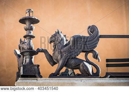 Padua, Veneto, Italy - August 15 2020: Griffin On The Facade Of Caffe Pedrocchi, A Famous Coffee Hou