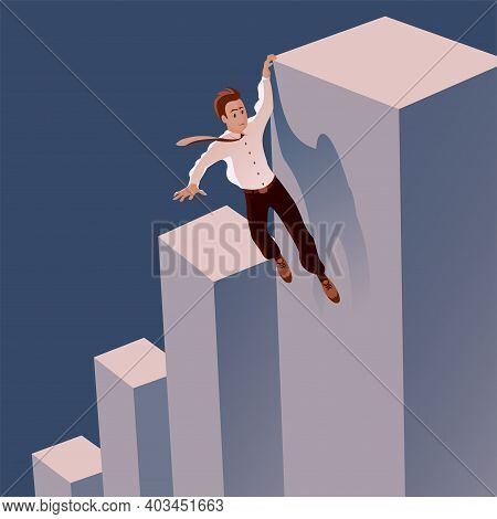 Businessman Runs The Risk Of Falling Off The Career Ladder. Hanging On The Edge. The Symbolic Concep