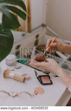 Everyday Beauty Routine. Make Up Artist. Dressing Vanity. Womens Hands. Pastel Colors. In Front Of T