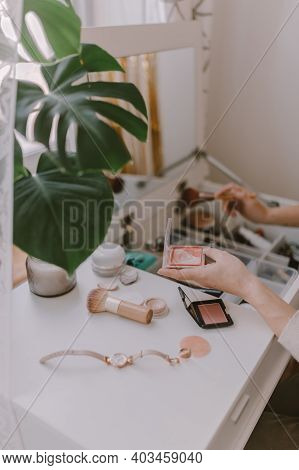Everyday Beauty Routine. Make Up Artist. Dressing Vanity. Womens Hands. Pastel Colors. In Front Of T