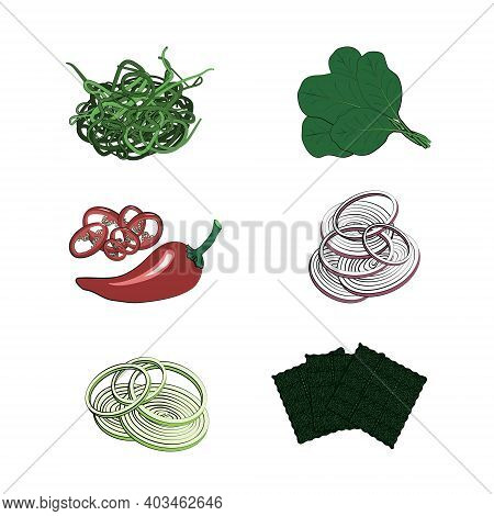Traditional Japanese Or Korean Food - Chuka, Spinach, Onion, Nori And Chili Pepper. Set Of Ingredien