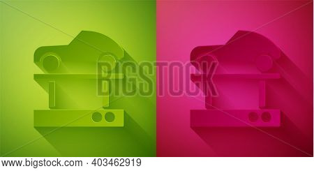 Paper Cut Repair Car On A Lift Icon Isolated On Green And Pink Background. Repair Of The Underbody, 