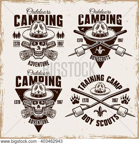 Camping Set Of Four Vector Vintage Emblems, Badges, Labels Or Logos With Boy Scout Skull In Hat, Fla