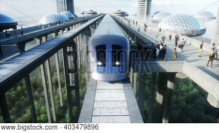 Futuristic Train Station With Monorail And Train. Traffic Of People, Crowd. Concrete Architecture. F