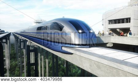 Futuristic Train Station With Monorail And Train. Traffic Of People, Crowd. Concrete Architecture. F