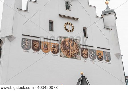 Kempten, Germany - Aug 3, 2020: Facade Of Town Hall In Downtown