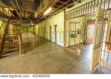 Fremantle, Western Australia - Jan 5, 2018: Corridor And Stairs Inside Main Cell Block Of Fremantle 