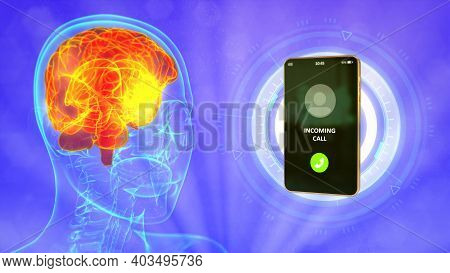 Rontgen Human Head Image With Calling Mobile Phone, Brain Danger By Lte Communication Concept - Medi