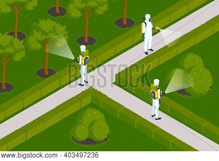 Isometric Pest Control Composition With Outdoor Garden Scenery And Desinsection Team Of Workers In C