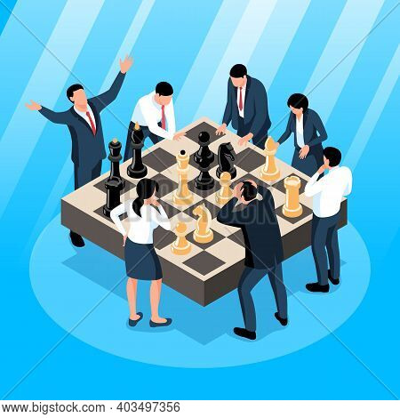Isometric Chess Business Composition With View Of Chequerboard With Figures Surrounded By Group Of O