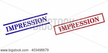 Grunge Impression Rubber Stamps In Red And Blue Colors. Stamps Have Rubber Texture. Vector Rubber Im