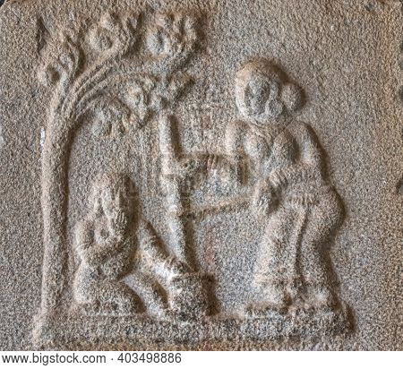 Hampi, Karnataka, India - November 5, 2013: Vijaya Vitthala Temple. Closeup Of Beige Stone Fresco Of