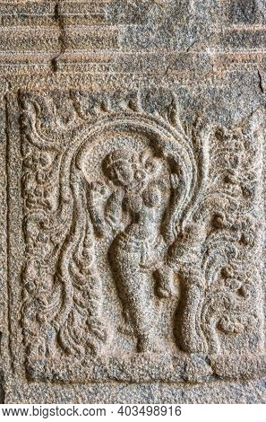 Hampi, Karnataka, India - November 5, 2013: Vijaya Vitthala Temple. Closeup Of Gray Stone Fresco On 