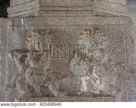 Hampi, Karnataka, India - November 5, 2013: Vijaya Vitthala Temple. Closeup Of Gray Stone Fresco At 
