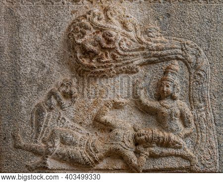 Hampi, Karnataka, India - November 5, 2013: Vijaya Vitthala Temple. Closeup Of Brown Stone Showing 2