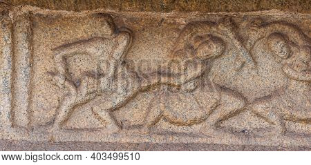 Hampi, Karnataka, India - November 5, 2013: Vijaya Vitthala Temple. Closeup Of Brown Stone Fresco Sh