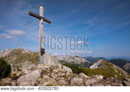 Summit Cross On Traweng Mountain In Austrian Alps.