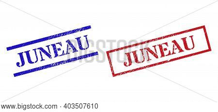 Grunge Juneau Rubber Stamps In Red And Blue Colors. Stamps Have Rubber Style. Vector Rubber Imitatio